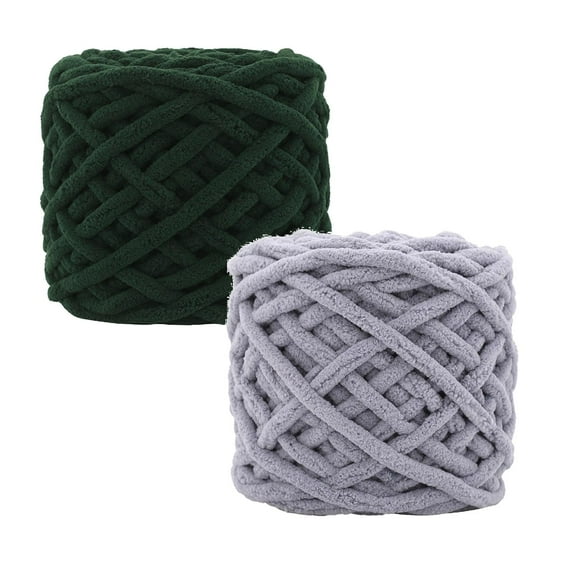 2 Pcs Chenille Yarn for Crocheting, Fluffy Velvet Plush Yarn Thick Soft Chunky Chenille Yarn People Blanket Yarn for Crocheting Knitting Beginners, Light Gray + Dark Green