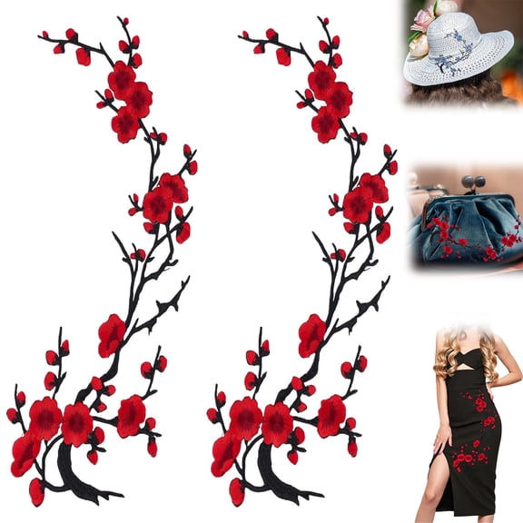 2 Pcs Cherry Blossom Patches Iron On,Oversized Flower Embroidery Appliques 14.2" X 5.5",for Holes Jeans Dress Backpack Hats Diy Clothes(Red)