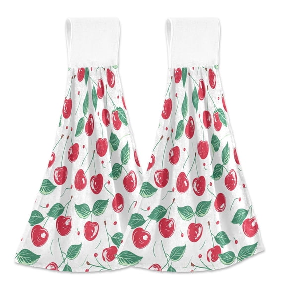 2 Pcs Cherry Fruit with Leaf Kitchen Hand Towels with Hanging Loops Absorbent Soft Fast Drying Decor Bath Towels
