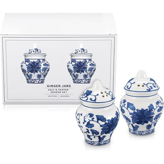 2 Pcs Chinoiserie Mini Ginger Jar Salt and Pepper Shakers Set in Gift Box Ceramic Jar Design, Elegant Blue & White Porcelain Spice Containers for Dining Table