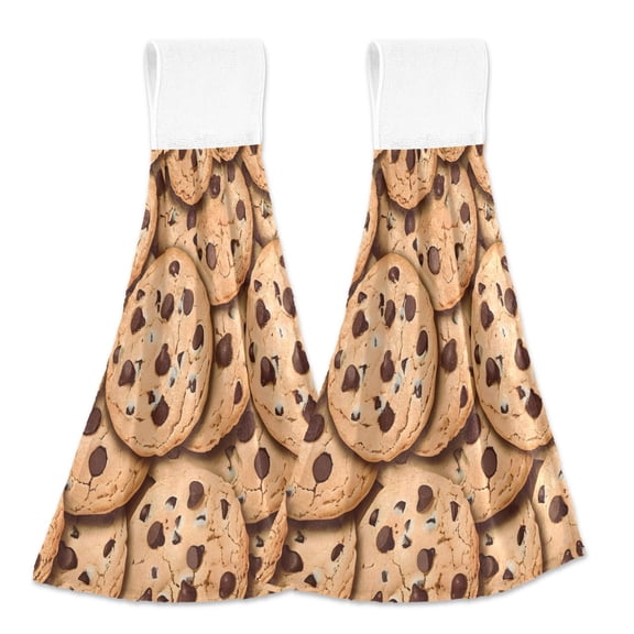 2 Pcs Chocolate Chip Cookies Kitchen Hand Towels with Hanging Loops Absorbent Soft Fast Drying Decor Bath Towels