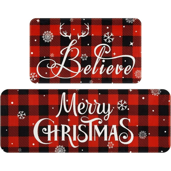 2 Pcs Christmas Buffalo Plaid Kitchen Rugs and Mats Set, Absorbent Winter Snowflake Kitchen Mat Cushioned Anti Fatigue, Xmas Decorative Area Rug Set of 2 Washable, 17'''' x 47'''' + 17'''' x 30''''