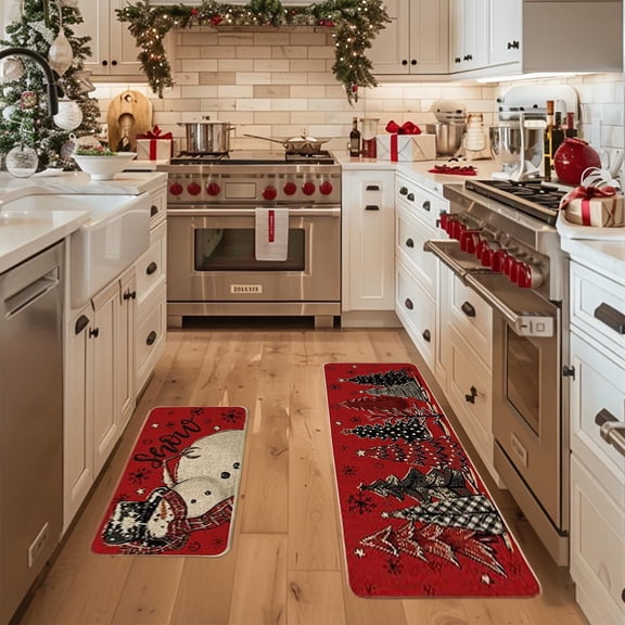 2 Pcs Christmas Carpet Nylon Spandex Kitchen Rugs and Mats Non Slide Backing Mat for Home Party Indoor Outdoor Floor Xmas Decor 24x48in
