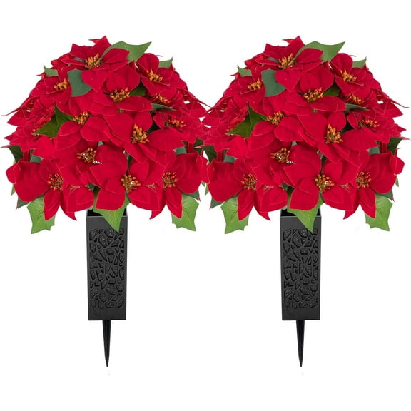 2 Pcs Christmas Cemetery Flowers for Grave,24 Heads Artificial Large Red Velvet Poinsettia Bouquets with Vases for Outdoor Grave Decorations
