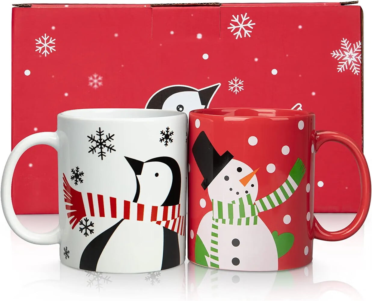 2 Pcs Christmas Ceramic Mug, 12 Oz Red White Porcelain Mug with Handle Coffee Cup