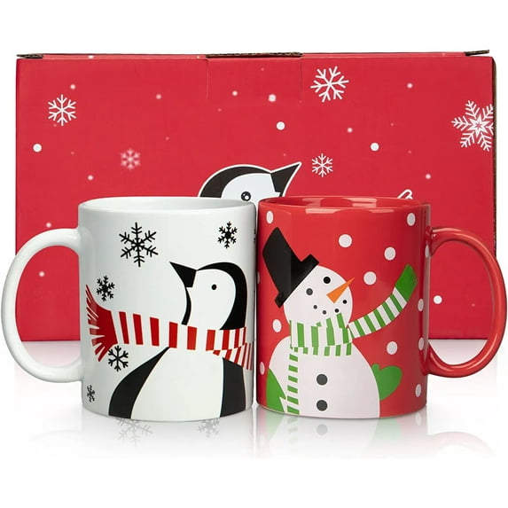 2 Pcs Christmas Ceramic Mug, 12 Oz Red White Porcelain Mug with Handle Coffee Cup