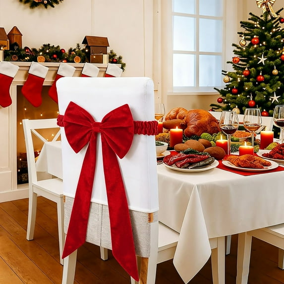 2 Pcs Christmas Chair Sashes Bows Covers Large Red Velvet Bows Chair Covers 29.5 x 19.7 Inch Hanging Christmas Decorations with Hook for Xmas Dining Wedding Birthday Party