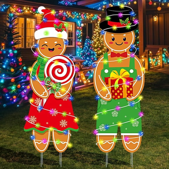 2 Pcs Christmas Decorations Outdoor Indoor Large Gingerbread Man Boy and Girl Yard Stakes - Christmas Tree Decorations - for Lawn Garden Front Door Home Farmhouse Porch