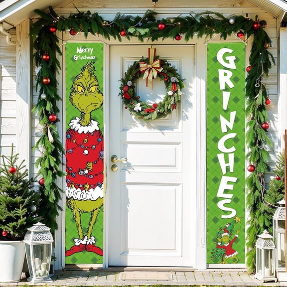 2 Pcs Christmas Door Banner, Green Monster Hanging Decoration for Wall Front Door Home Yard Garage Indoor Outdoor Decor 2024 E