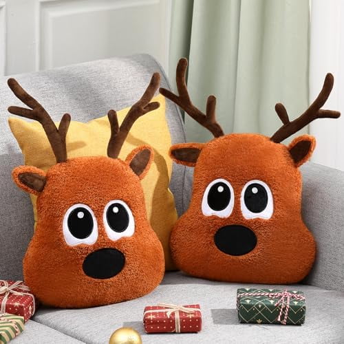 2 Pcs Christmas Elk Throw Pillows 15.75 Inch Brown Reindeer Christmas Ornaments Cute Fluffy Plush Pillows Winter Home Decor Sofa Cushions Bedroom Living Room and Sofa