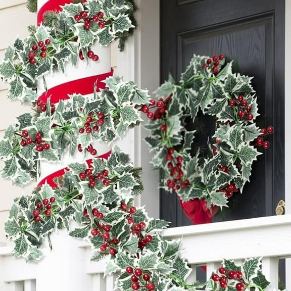 2 Pcs Christmas Garland Xmas Decorations Artificial Red Garland for Fireplace Gate Mantle Table Home Party Decor Green with Berry, 75in Garland