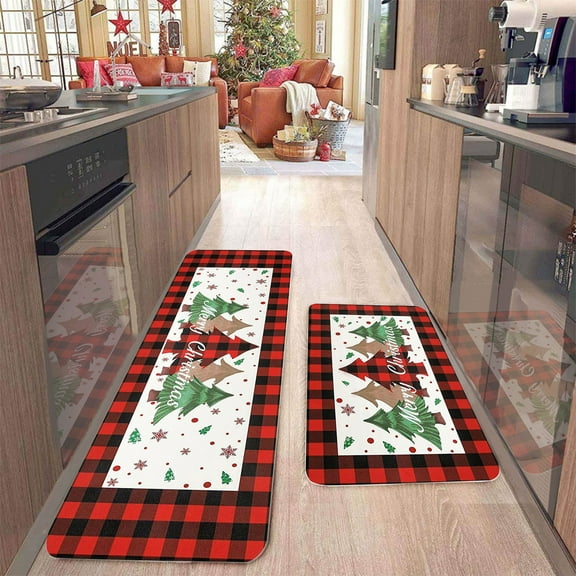 2 Pcs Christmas Kitchen Rugs and Mats for Floor Non-Slip Backing Mat Merry Christmas Kitchen Decor Anti Fatigue Kitchen Rug Sets with Runner Xmas Decor (C 16"x24"+16"x48")