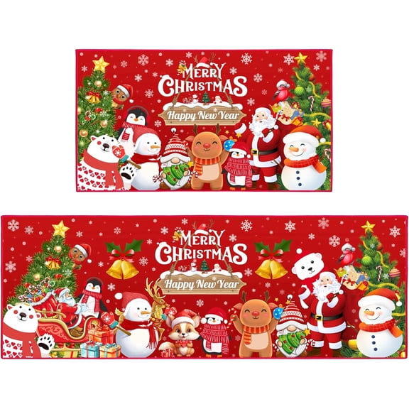 2 Pcs Christmas Kitchen Rugs and Mats, Merry Christmas and Happy New Year Home Kitchen Decor Non-Slip Floor Mat Sets, Washable Microfiber Kitchen Carpet 17x47+17x30 Inches