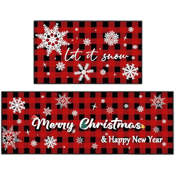 2 Pcs Christmas Kitchen Rugs and Mats, Merry Christmas and Happy New Year Kitchen Decor Non-Slip Floor Mat Sets, Washable Microfiber Kitchen Carpet (17x47+17x30 Inches, Christmas 3)