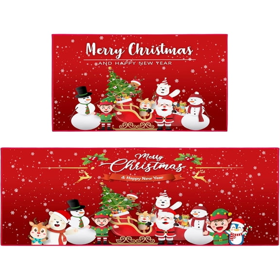 2 Pcs Christmas Kitchen Rugs and Mats, Merry Christmas and Happy New Year Kitchen Decor Non-Slip Floor Mat Sets, Washable Microfiber Kitchen Carpet 17x47+17x30 Inches