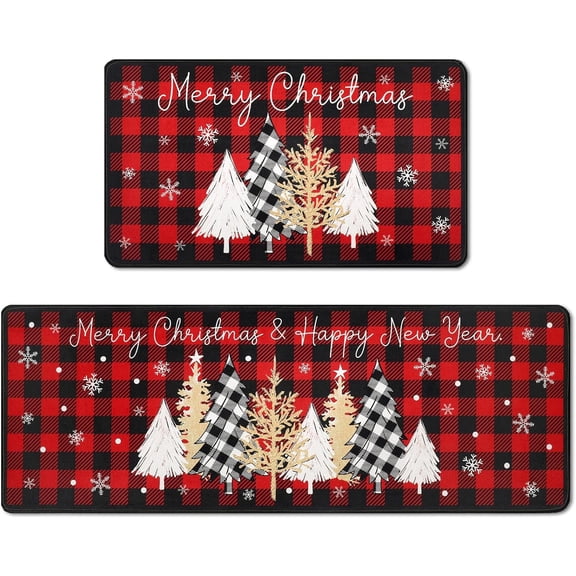 2 Pcs Christmas Kitchen Rugs and Mats Set of 2 Red Black Buffalo Plaid Merry Christmas Xmas Trees Floor Mat Non Slip Checkered Doormat Home Holiday Kitchen Decor, 17 x 30 Inch, 17 x 47 Inch