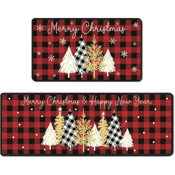 2 Pcs Christmas Kitchen Rugs and Mats Set of 2 Red Black Buffalo Plaid Merry Christmas Xmas Trees Floor Mat Non Slip Checkered Doormat Home Holiday Kitchen Decor, 17 x 30 Inch, 17 x 47 Inch