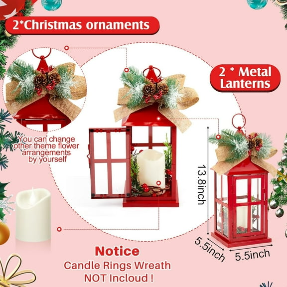 2 Pcs Christmas Lantern Decorative Hanging Lantern with LED Candle Metal Vintage Christmas Candle Holder for Indoor Outdoor Holiday Party Tables Ornaments, Red