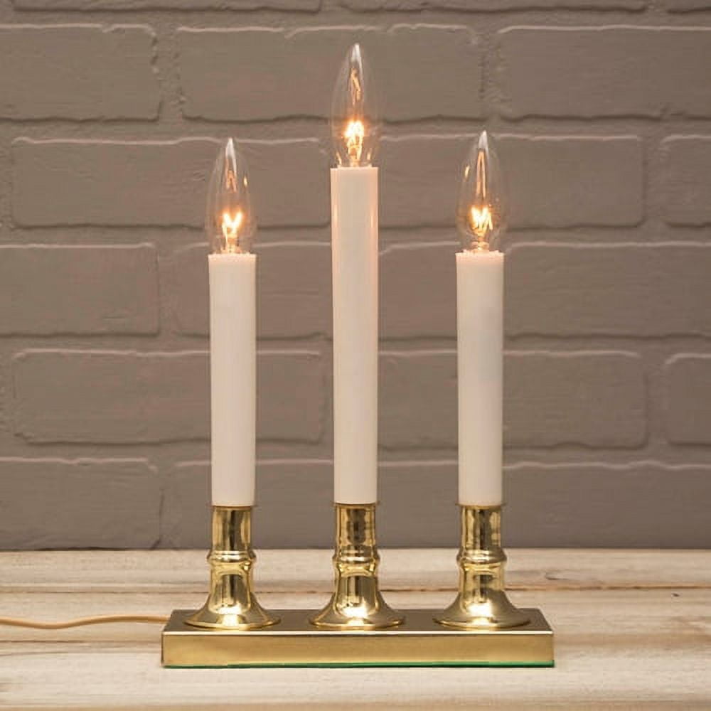2 Pcs Christmas Lights 3 Tier Window Candle Brass Plated Base Plug in Auto Sensor Amber Flame