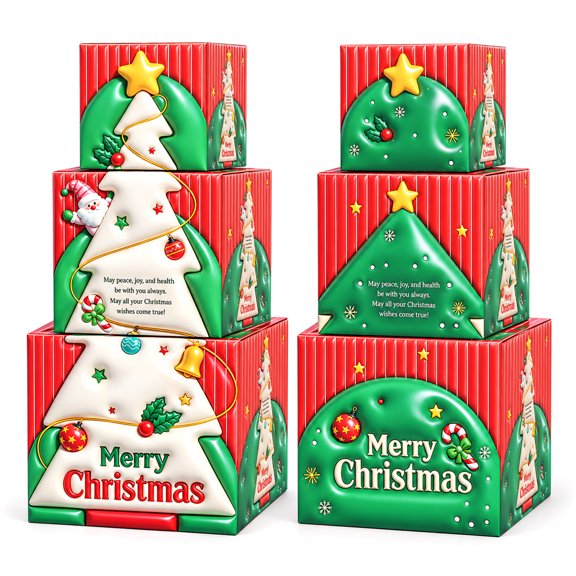 Teblint 6Pcs Christmas Nesting Gift Boxes, 3 Sizes Stackable Christmas Tree Present Boxes with Lids, Cardboard Holiday Display & Packaging for Under Tree, Mantel, Christmas Decor