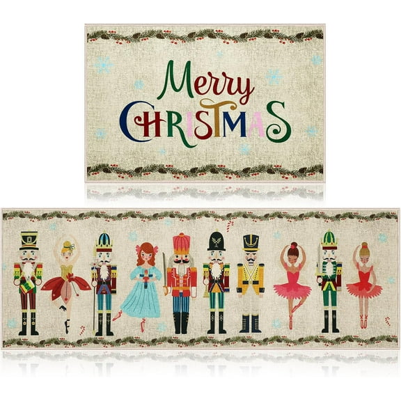 2 Pcs Christmas Nutcracker Decorative Kitchen Doormat Merry Christmas Doormat Set Happy Holidays Washable Non Slip Floor Rugs Christmas Soldier Floor Mat for Front Porch Door Bathroom