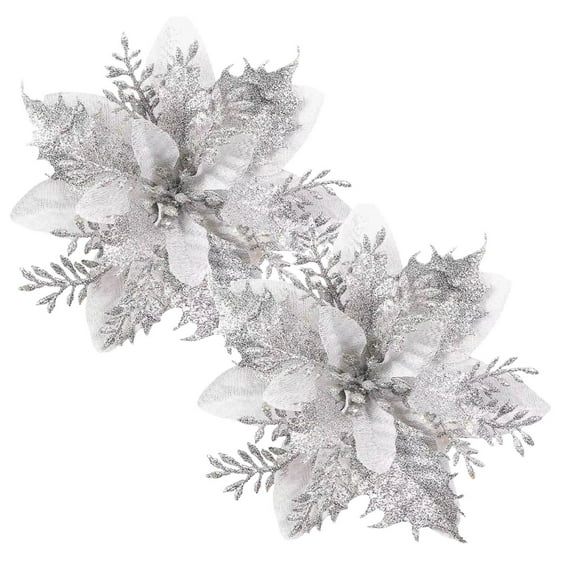 2 Pcs Christmas Poinsettia Artificial Flowers, Glitter Poinsettia Artificial Flowers, Glitter Poinsettia Christmas Tree Ornaments for Xmas/Wedding/Holiday/Wreath/Garland Decor 5.7"
