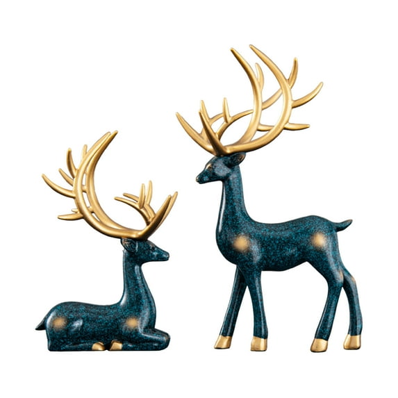 2 Pcs Christmas Reindeer Decor Small Resin Standing Sitting Deer Figurine Mini Reindeer Christmas Table Decoration for Home Indoor Xmas Holiday Small Statue Rustic Table Decor(Blue)