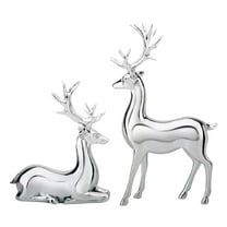 2 Pcs Christmas Reindeer Figurines Decorations, Sitting Standing Xmas Deer Statues, Set of 2 Silver Reindeer Statues, Glossy Elk Sculpture Tabletop Ornaments for Mantel Living Room Bedroom Office