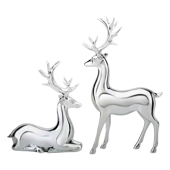 2 Pcs Christmas Reindeer Figurines Decorations, Sitting Standing Xmas Deer Statues, Set of 2 Silver Reindeer Statues, Glossy Elk Sculpture Tabletop Ornaments for Mantel Living Room Bedroom Office