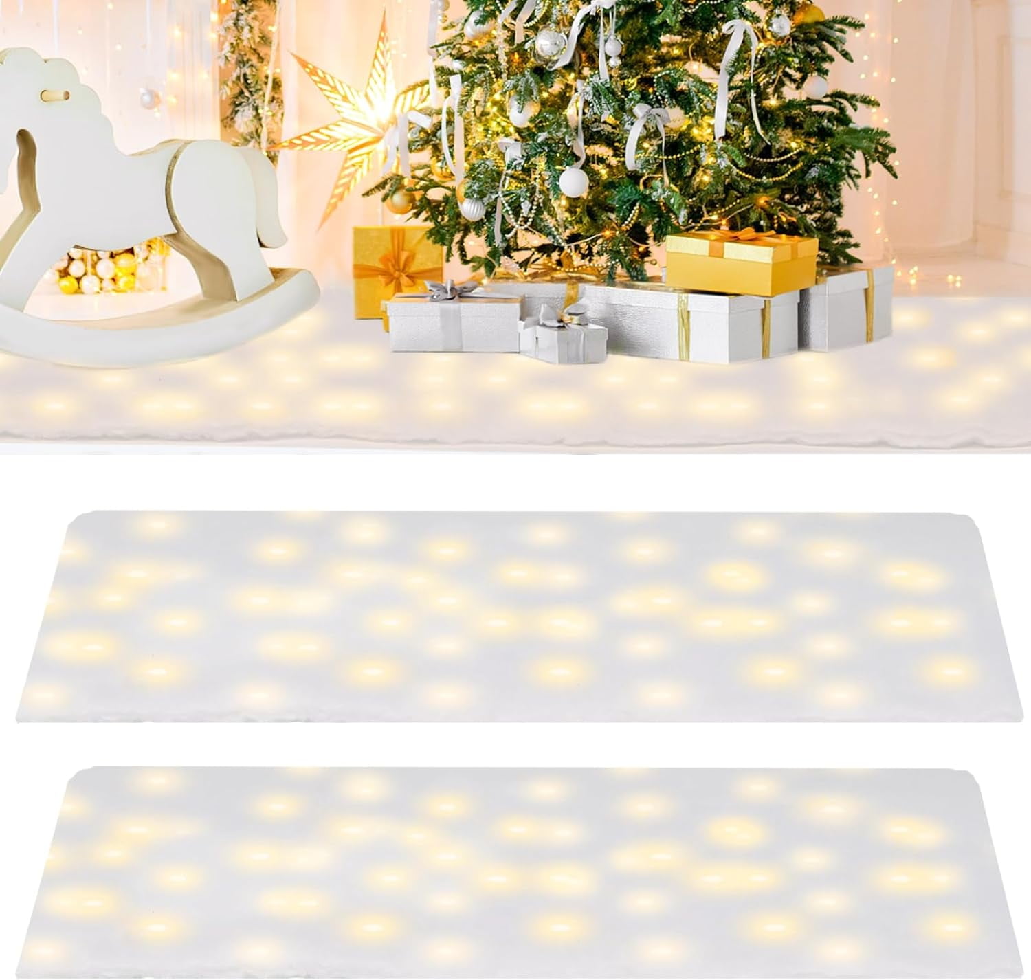 2 Pcs Christmas Snow Blanket with Lights, Fake Snow Blanket Roll for Xmas Village, Led Lights