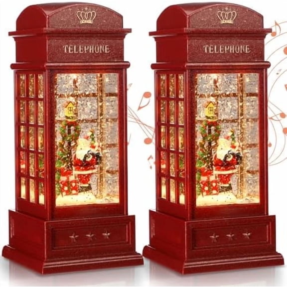 2 Pcs Christmas Snow Globe Lantern Phone Booth 9.8 Inch Battery or USB Operated Red Glitter Musical Singing and Lighted Water Night Light Centerpiece for Xmas Party Decoration