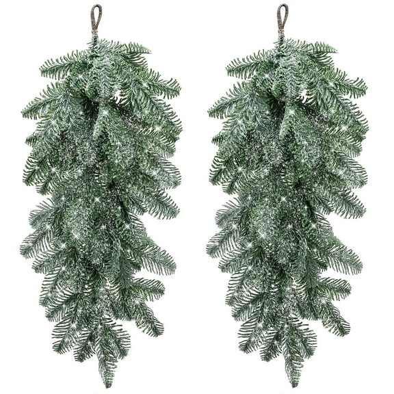 2 Pcs Christmas Snow Teardrop Swag, 28" Artificial Faux Snow Flocked Norfolk Pine Teardrop Door Swag, White Frosted Real Touch Pine Wreath Staircase Swags for Xmas Door Mantle Fireplace Decor