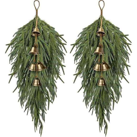 2 Pcs Christmas Swag with Bell,27.5inch Norfolk Pine Teardrop Swag,Christmas Teardrop Wreath for Door Window Mantle Fireplace Wall Indoor Outdoor Home Decor