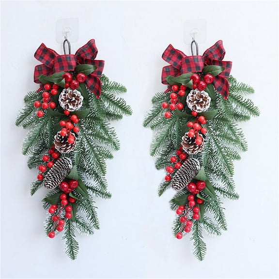 2 Pcs Christmas Swags Christmas Teardrop Swag Winter Swag Teardrop Ornament Xmas Swag Wreath Decorative Props Pendant Wall Hanging with Frosted Pine Red Berries Red Bow for Front Door Decor