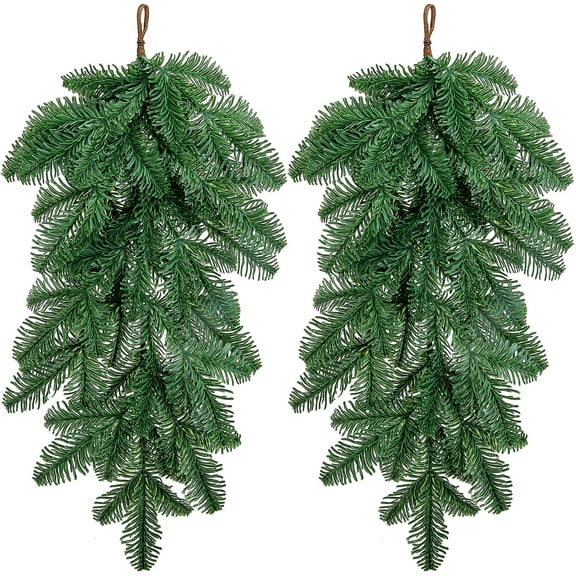 2 Pcs Christmas Teardrop Swag, 28" Artificial Norfolk Pine Teardrop Door Swag, Real Touch Greenery Pine Wreath Staircase Swags for Xmas Door Mantle Fireplace Decor Indoor Outdoor