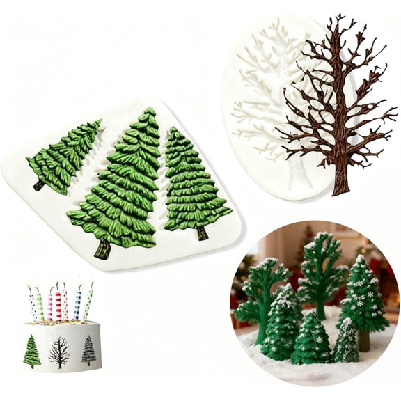 2 Pcs Christmas Tree Fondant Cake Chocolate Silicone Mould Set Xmas Tree Fondant Birthday Party DIY Cake Decorating for Candy Sugarcraft Cupcake Topper Pastry Polymer Clay Gum Paste Baking