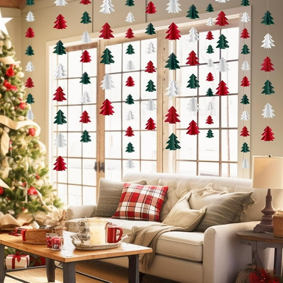 2 Pcs Christmas Tree Paper Streamers,Hanging Banner,3D Xmas Tree Garland Ornaments,Reusable Paper Tree Streamer for Home Office Indoor Outdoor Decor,White Red Green,13ft/Pc,Topboutique