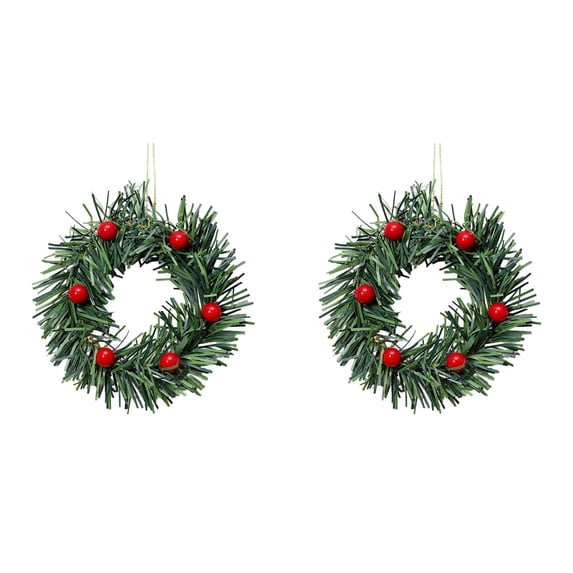 2 Pcs Christmas Wreath with 6 Red Berries, Christmas Table Centerpieces, Mini Small Christmas Wreath, Kitchen Cabinet Table Decor, Xmas Pillar Ring Holder, Christmas Hanging Decoration,Green*2