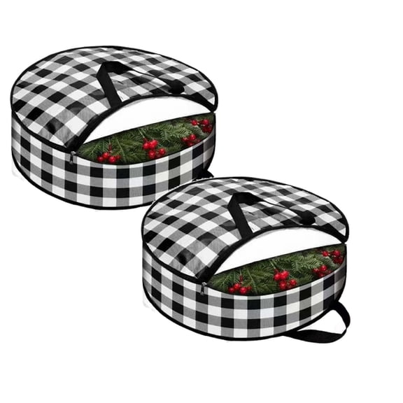 2 Pcs Christmas Wreath Storage Bag, Denbek 24 Inch Large Buffalo Plaid Garland Wreaths Container with Handles Xmas storage containers for Storing Garland Wreath Wrapping