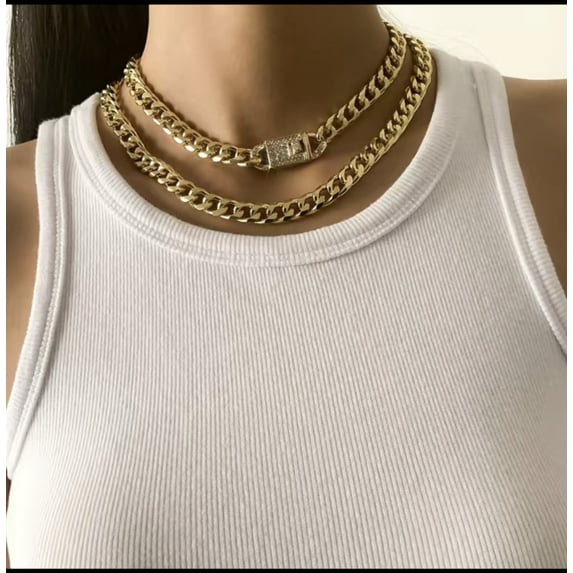 2 Pcs Chunky Chain Necklace Inlaid Shiny Rhinestone Adjustable Hip Hop Style Punk Necklace Set