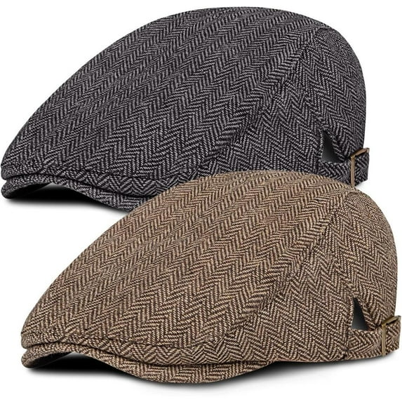 2 Pcs Classic Herringbone Tweed Wool Blend Flat Cap, Adjustable Ivy Cabbie Driving Headwear, Vintage British Style Newsboy Caps, Suitable for Casual & Formal Attire, Father's Day Gift
