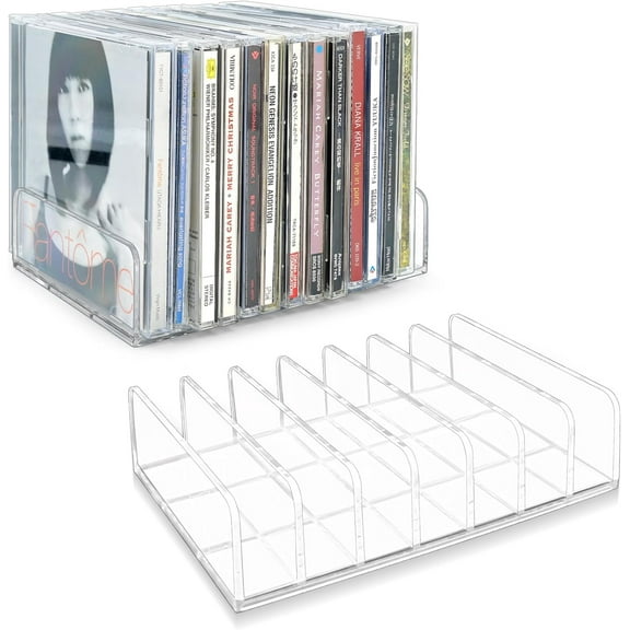 2 Pack Clear Acrylic CD DVD Holder, Display Rack Storage Stand for 14 Standard Cases, Vinyl Record Media Organizer