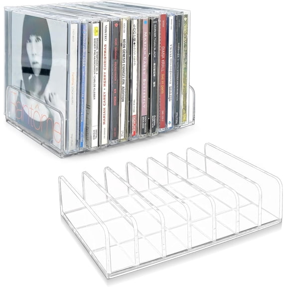2 Pcs Clear Acrylic CD Holder, DVD/CD Display Rack & Storage Box Vinyl Record Stand Holds up to 14 Standard Cases for Media Shelf and Organization