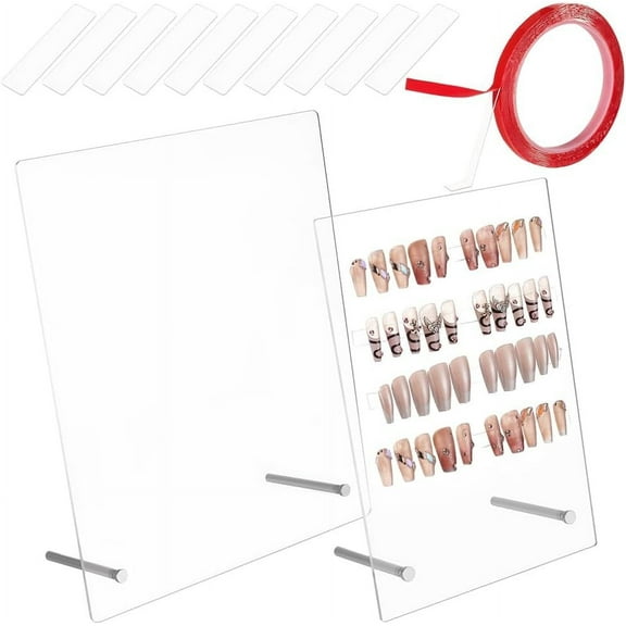 2 Pcs Clear Acrylic Nail Art Display Holder 2 Styles Nail Art Display Board with 9.8ft Double Sided Adhesive Tape and 10 Pcs Acrylic Clear Strips Tape Nail Stand Nail Tip Sample Display