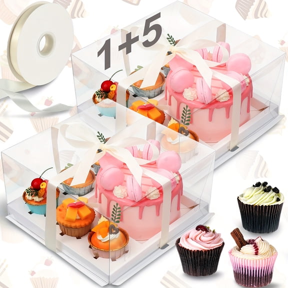 2 Pcs Clear Bento Cake Box Set with Paper Tray, 6 Compartment Cupcake and Cake Carrier, Transparent Dessert Display Box for Birthday Graduation Party Picnic Gift Packaging and Bakery Transport