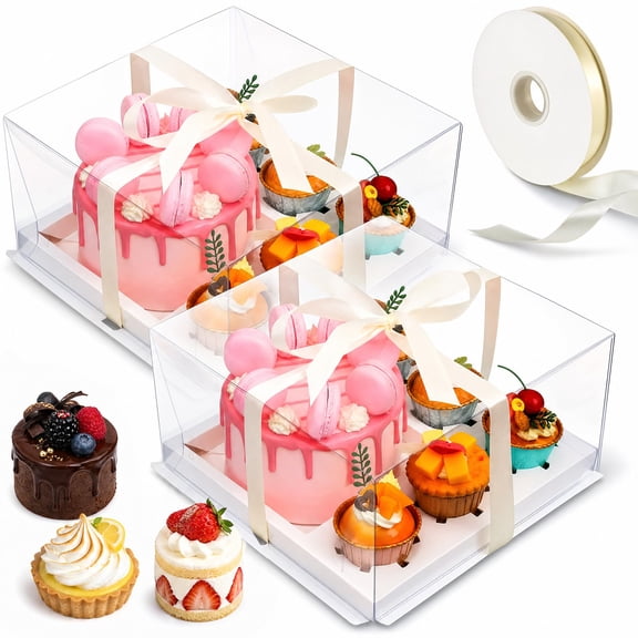 2 Pcs Clear Bento Cake Box Set with Paper Tray, 6 Compartment Cupcake and Cake Carrier, Transparent Dessert Display Box for Birthday Graduation Party Picnic Gift Packaging and Bakery Transport