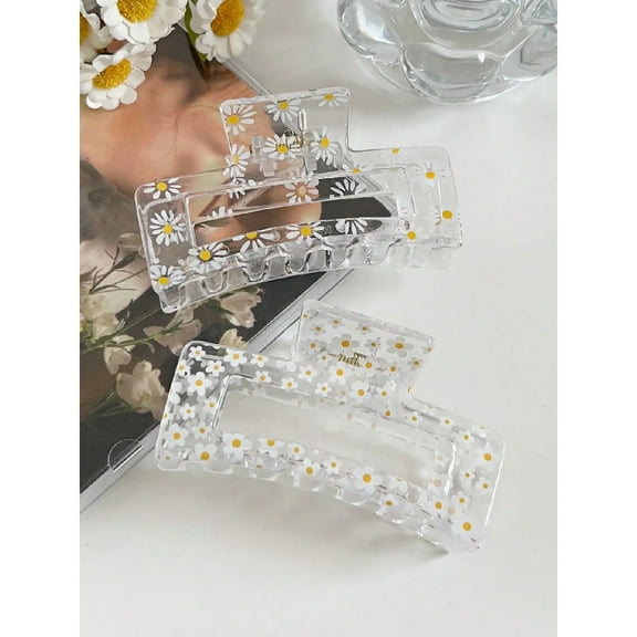 2 Pcs Clear Floral Prints Hair Claw Clips for Women,3.4 Inch Big Hair Pins for Thin Thick Hair,Banana Clips,Strong Hold jaw clip