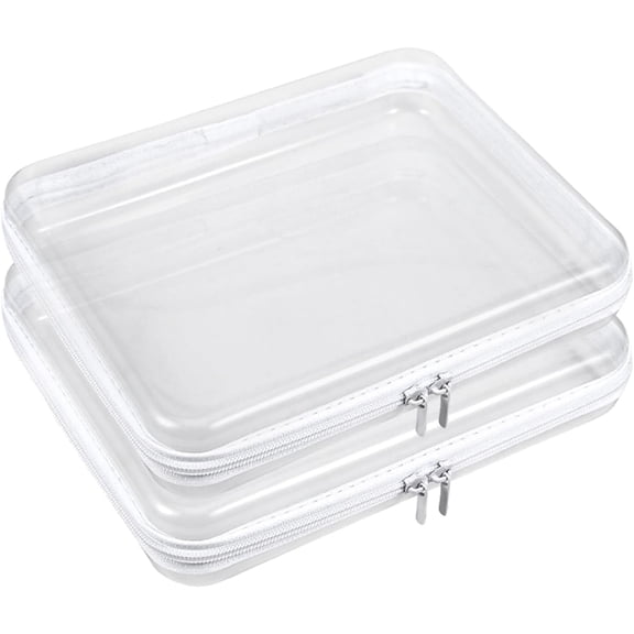 2 Pcs Clear Hard Shell Zipper Case, Portable Clear Zipper Pouches Hard Shell, Waterproof Plastic Transparent Storage Box Set with Double Zips for Cosmetic Stationery Snack Toy Storage Organizer Bins