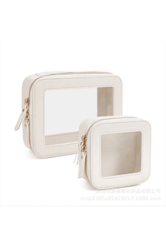 2 Pcs Clear Makeup Bag Set, PU Leather Cosmetic Pouch with Transparent Window & Double-Zipper Design, Women Waterproof Travel Organizer for Car Storage and Office Daily Use (White)