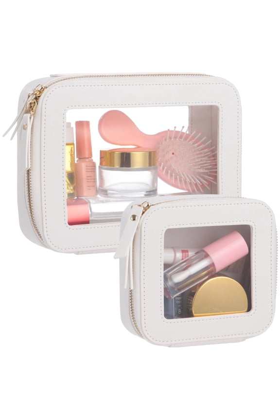 2 Pcs Clear Makeup Bag Set, PU Leather Cosmetic Pouch with Transparent Window & Double-Zipper Design, Women Waterproof Travel Organizer for Car Storage and Office Daily Use (White)